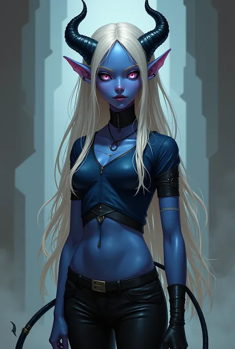 Name: Tallithea.
Race: tiefling.
Pol: female age: 17 years.
Appearance: blue skin tone, short stature, petite build, slim waist, Narrow hips, . pretty face, the iris of the eyes is white with a pink edge, vertical pupil, pointed, but not long ears, sharp f...