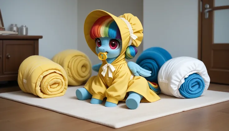 blue pony pegasus alone, blue wool, adult filly, rainbow mane, gathered in a yellow bonnet, rainbow tail, cherry eyes, sits in the room on a soft play mat, dressed in a yellow bodysuit with holes for wings and yellow booties, yellow pacifier in mouth, solo...