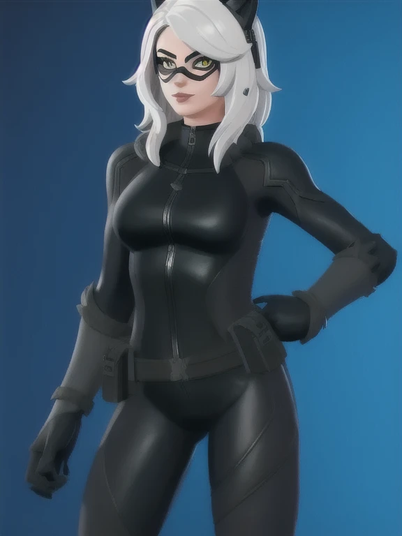 (masterpiece, best quality:1.2), 1girl, solo, Black_Cat_(Fortnite), blackcat, Black Cat, Fortnite, female, long white hair, white hair, domino mask, bodysuit, black bodysuit, 