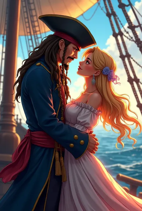 captain jack sparrow and his girlfriend Saber Aturia pendragon from the anime Fate Zero love each other on the black pearl in beautiful anime style 