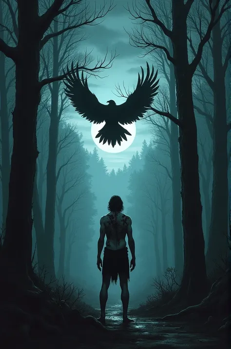 "A dark, eerie forest at twilight with towering trees all around. A massive, ominous black bird soars overhead, its wings flapping powerfully as it circles above. Below, a figure stands helpless in the shadowy woods, covered in black blood, with bruises sc...