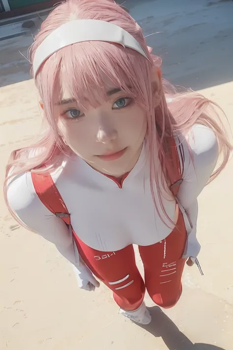 ((best quality)),((highly detailed)),masterpiece,absurdres,detailed face,beautiful face,((detailed eyes, deep eyes)),(1girl),((dynamic pose)), Zero_Two, green eyes, 1girl, solo, red bodysuit, long hair, pilot suit, pink hair, bodysuit, straight hair, hairb...