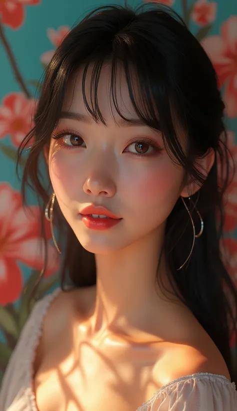 1 Asian woman,tan skin,Black hair, Slanted bangs, Big Breasts, earring, Blushing, smile, Light brown eyes,Sparkling eyes, Raise your eyebrows., F1 aperture.2, decorations, 8k octane render, Anatomically correct, Masterpiece, Radioactive painting, 