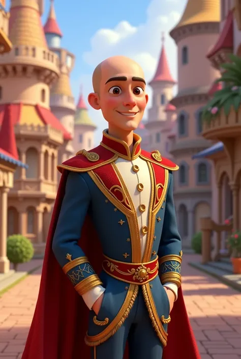 Pixar style image man white skin brown eyes, calvo, nice face, smiling dressed as prince charming 