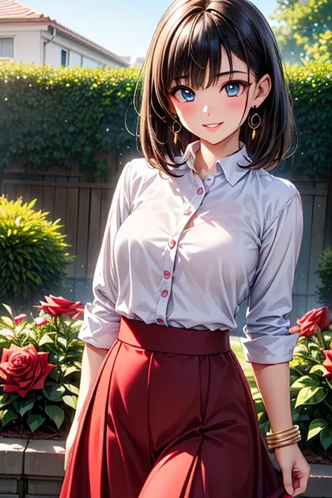 Girl posing for a photo, animeのcute女の子, ((One Girl)), ((Baby Face:1.3)) + ((cute:1.3)), 
break 

((white ruffle dress shirt)) + ((Red long wide skirt)), 
((Red earrings)), ((fancy gold bracelet)), 
break 

((Black Hair:1.2)), ((Slicked Back Bangs:1.1)), ((...