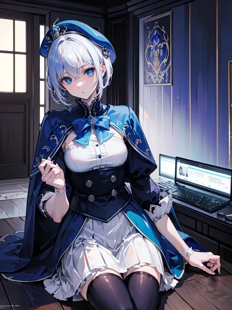  (8K, 4K, Best Quality, High Resolution: 1.2) ,1 girl, megami magazine, white hair, short hair, blue eyes ,realistic,highly detailed, intricate, 1girl, blue hair, blue eyes, short hair, black capelet, skirt, white stockings, blue demonic wings, blue glasse...