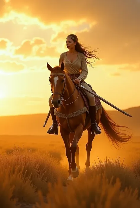 (work of art, 4K), <xml><input>realistic</input></xml>, 1 , Big breasts, a warrior riding a horse in golden fields, carrying a sword, comely, Detailed facial features, hair band, side view, extremely wide angle, sunset, lens flare, ((depth of field))