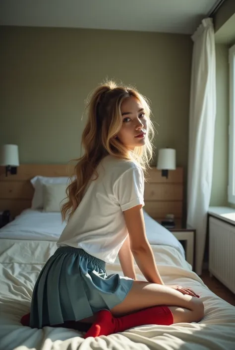 Real photo of young 20 year old woman, with long wavy blonde hair, with double ponytail, with tail up, you are wearing a pleated skirt, a white t-shirt and red knee-high socks, He looks at the camera with a slight smile. She is lying face down on a bed. Ge...