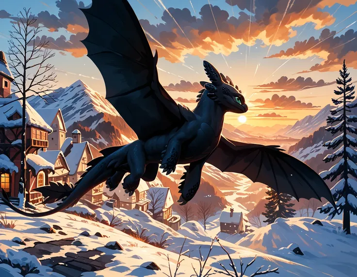 rating_safe, cinematic film still, (t00thl3ss from httyd:1.4), dimly lit, flying over berk village, snowy, (cinematic lighting:1...