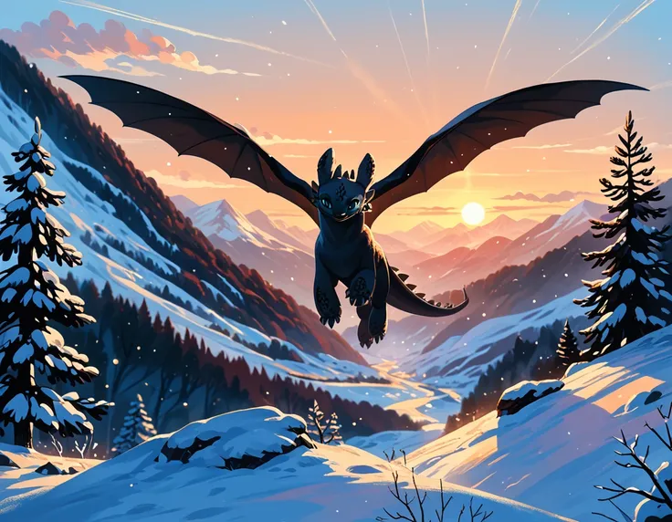 rating_safe, cinematic film still, (t00thl3ss from httyd:1.4), dimly lit, flying over berk village, snowy, (cinematic lighting:1...