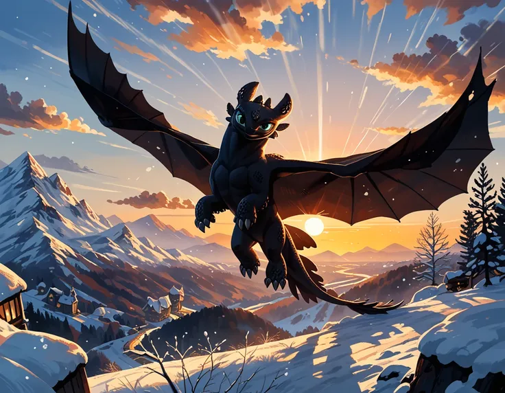 rating_safe, cinematic film still, (t00thl3ss from httyd:1.4), dimly lit, flying over berk village, snowy, (cinematic lighting:1...