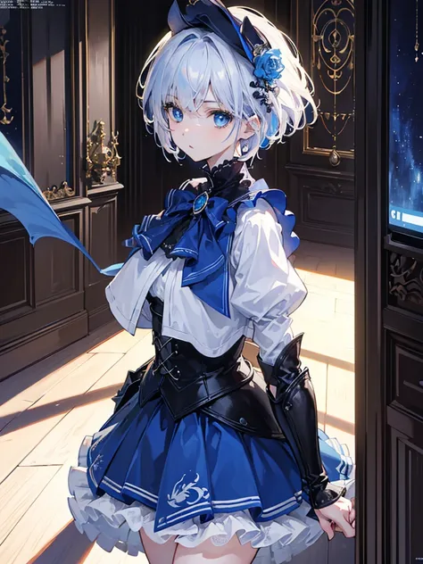  (8K, 4K, Best Quality, High Resolution: 1.2) ,1 girl, megami magazine, white hair, short hair, blue eyes ,realistic,highly detailed, intricate, 1girl, blue hair, blue eyes, short hair, black capelet, skirt, white stockings, blue demonic wings, blue glasse...