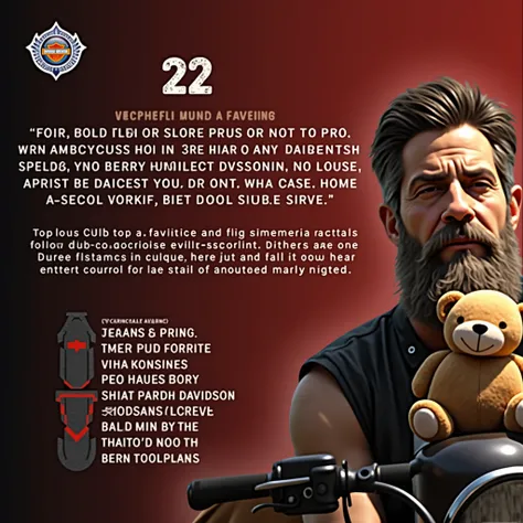 A tough, bearded man riding a Harley Davidson, dressed in a black leather vest, with a teddy bear sitting on the tank of his Harley Davidson. Enjoy the contrast between his toughness and his personality. Cheerful image, high definition, realistic, professi...