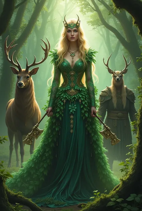 A beautiful queen in the middle of the forest with luminous eyes and golden hair, dressed in bird feathers and covered with plants, as well as a beautiful deer with great ax-wielding guards with long beards.