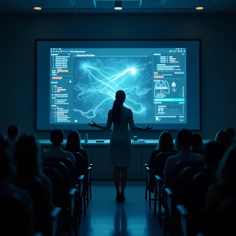 woman in front of a screen in a large modern lecture hall with many spectators shows and explains biosignals night mood without text

