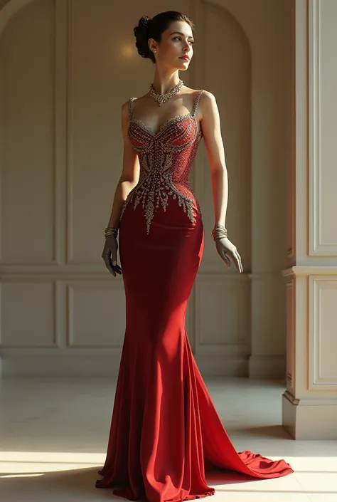 I want a haute couture design inspired by the 30s and 40s, for a lady where her whole body can be seen