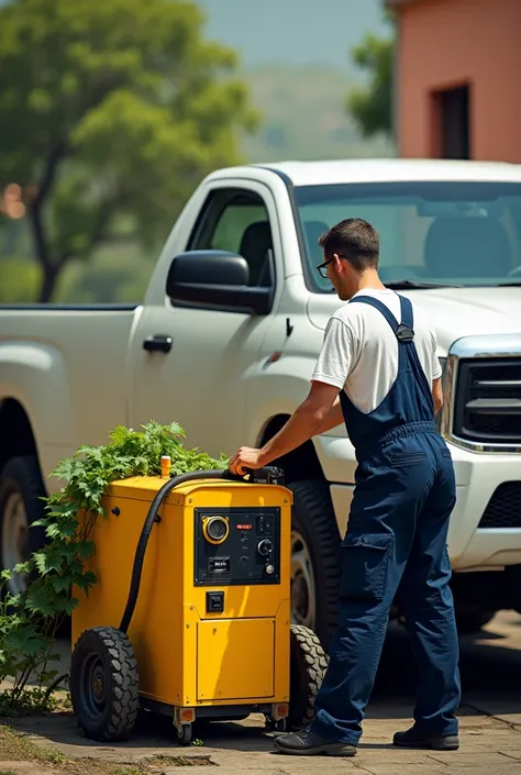 Make me an image in which a person is dressed in overalls, a white shirt and navy blue overalls in which he is servicing a white 4x4 truck., The service is with a small, yellow, industrial square machine that is shaped like a cart and has two wheels from w...