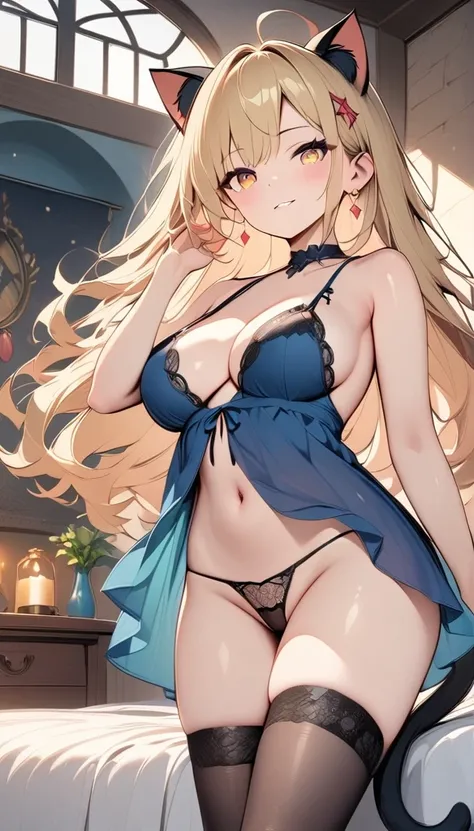 1 anime girl, long wavy blonde hair, asymmetrical bangs, golden eyes, glowing eyes, black cat ears, black cat tail, slender, wide hips, large breasts, white skin, black lace thong, black lacey thigh-high stockings, black lace babydoll, sparkling diamond ea...