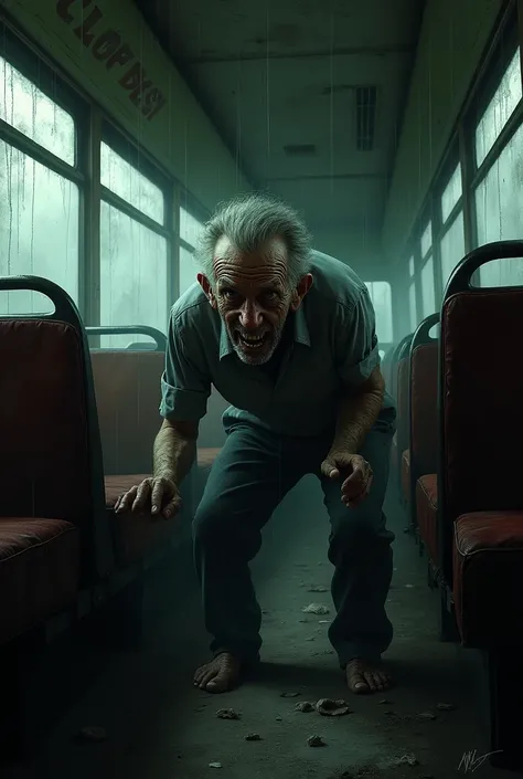 Give me a horror image of an old man in a bus