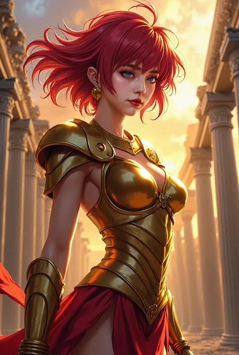 (masterpiece, best quality), A female version of Seiya from Knights of the Zodiac, incredibly beautiful young woman with short hair, This illustration captures radiant hair flowing in various punk-style colors... dressed in Seiyas bronze armor. She poses d...