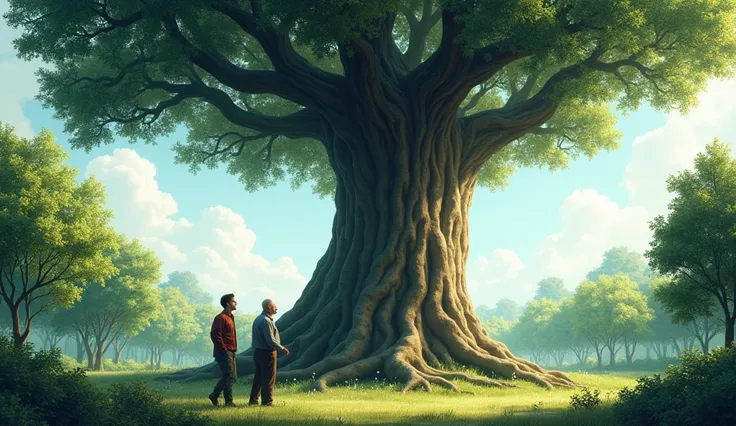   **The Outdoor Tree**: A 20 years old boy and his grandfather looking big tree show the garden plant which has grown into a massive, towering tree with strong branches. The outdoor tree is dominating the scene, with its shade covering the ground and its b...