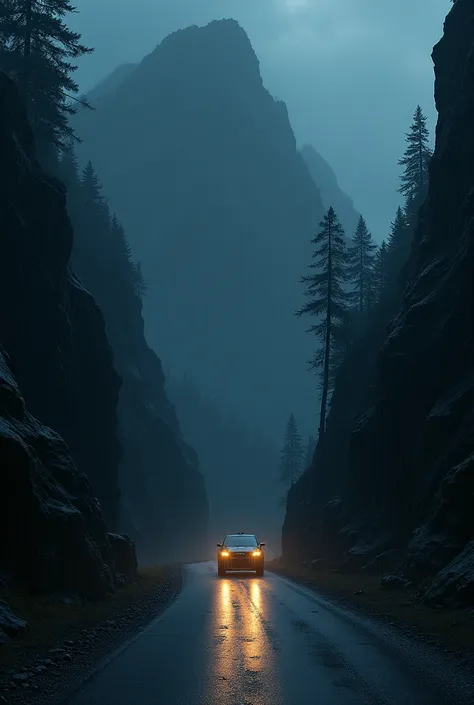 Vehicle traveling at night on  road without any vehicle around with darkness full of forest mountains cliff and no light around and rain