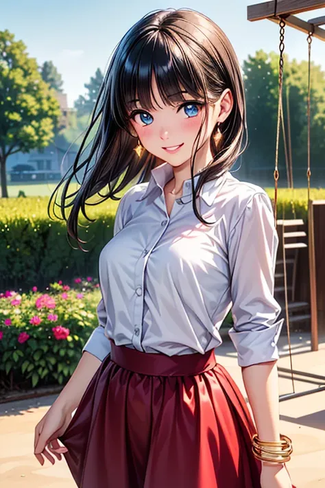 Girl posing for a photo, animeのcute女の子, ((One Girl)), ((Baby Face:1.3)) + ((cute:1.3)), 
break 

((white ruffle dress shirt)) + ((Red long wide skirt)), 
((Red earrings)), ((fancy gold bracelet)), 
break 

((Black Hair:1.2)), ((Slicked Back Bangs:1.4)), ((...