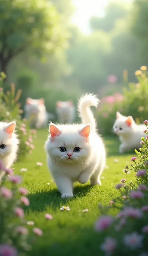 Multiple cats, some chasing shadows or playing, with their whiskers and fluffy paws moving gently white cats playing in garden persian cats 