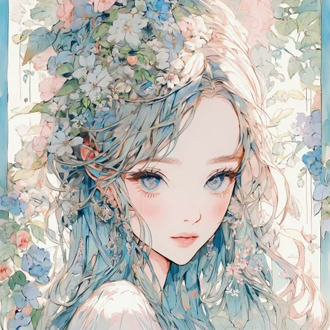 Detailed portrait of a beautiful girl with enchanting eyes and lips, Blooming Flowers々Located in a vibrant garden decorated with. The girl is wearing a loose dress that matches the color of the surrounding plants.. The illustration is、Created using a combi...