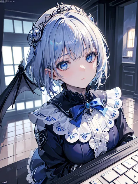  (8K, 4K, Best Quality, High Resolution: 1.2) ,1 girl, megami magazine, white hair, short hair, blue eyes ,realistic,highly detailed, intricate, 1girl, blue hair, blue eyes, short hair, black capelet, skirt, white stockings, blue demonic wings, blue glasse...