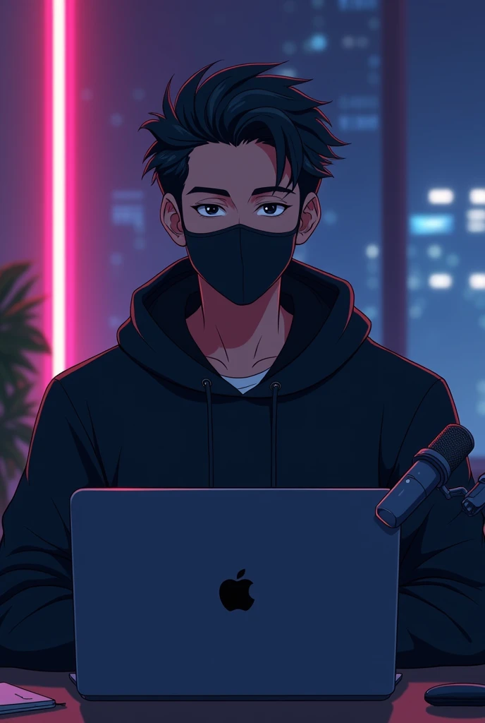 Create an anime-friendly looking male business character who appears handsome and smart. He has a good face and is wearing a black face mask and a black hoodie. The character is sitting behind his laptop in his office, with his arms on the desk. It is nigh...