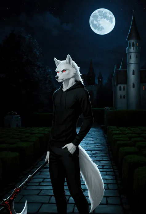 furry, Solo, Humanoid male wolf, wolf, scythe, Black hoodie, black pants, White body, Long white wolf tail, , short white hair, cool, red eyes, Slender figure, Slightly skinny, , look from side, background detail, night, full moon, wolf with death crescent...