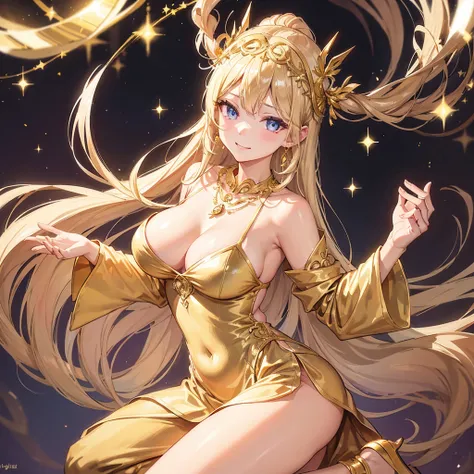 女god、god、smile、Blonde、Golden Dress、accessories、god々Shii、Long Hair、Large Breasts、Staring from the front、Sparkle Effect、Light background、Gaze Here、Detailed eyes、Sparkling Eyes、ヘアaccessories、Headband、necklace、Beautiful eyes、光の女god、ゴールドaccessories、Dress with a...