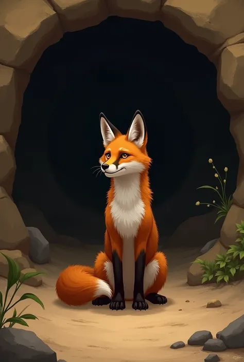 The fox was sitting in front of a hole