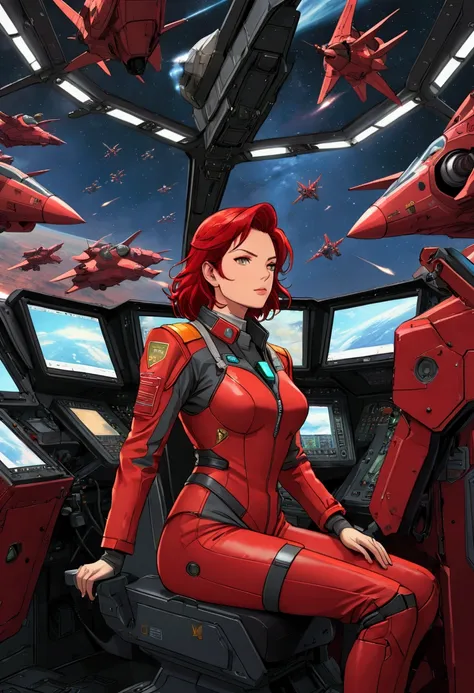 A beautiful 25year woman in the cockpit of a  mobile suit, a new type woman wearing a pilot suit, surrounded by various operating machines and a 360° clear monitor. Ace pilot commonly known as the Red Comet,((( A tense battle scene))), 