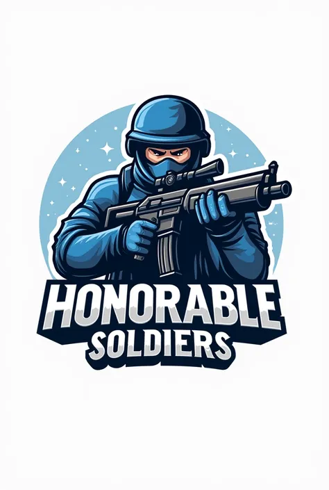 A cartoon mascot logo Honorable legion lwearing a helmet and face mask, holding a CZBREN assault rifle in his right hand with his body turned slightly to the left, the logo feature  the words "Honorable Soldiers" in bold with typographic .The word consist ...