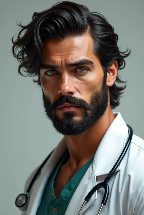 Young man, doctor, with green eyes, square face, with marked jaw, body hair, dark eyebrows and beard, almost black, well trimmed and well filled beard, muscular body, Lightly tanned skin tone, body hairs ondulados pouco acima do ombro