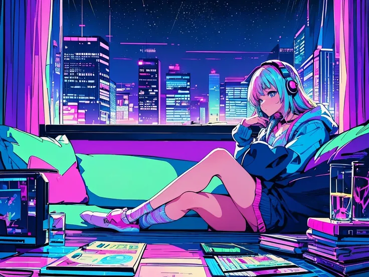 (masterpiece),Highest quality, Expressive eyes, smliling, Neon pastel aesthetics, Retro, Neon color,((Girl sitting on sofa,In a cozy room,Records hanging on her wall, Comic books on the floor, Looking out the window behind her at the night city, Upholstere...