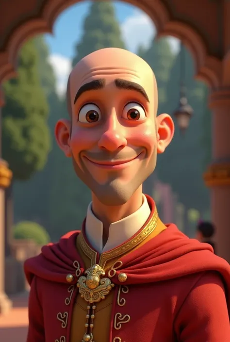 Pixar style image man white skin brown eyes, calvo, nice and tender face, smiling dressed as prince charming 