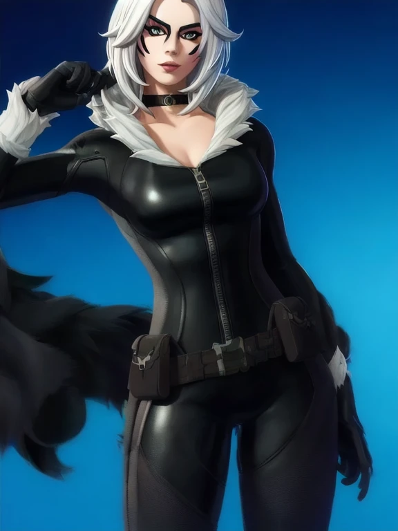 (masterpiece, best quality:1.2), 1girl, solo, Black_Cat_(Fortnite), blackcat, Black Cat, Fortnite, female, long white hair, white hair, domino mask, bodysuit, black bodysuit, gloves, choker, white gloves, collar, superhero, black bodysuit, fur trim, skin t...