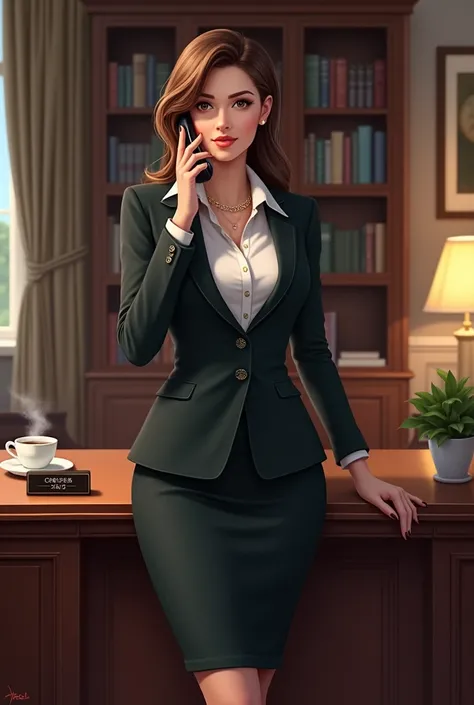 A woman in her office talking on the phone.