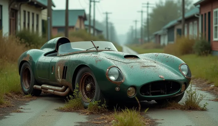 On some abandoned roads on the outskirts of the town was an old dark green racing car.. 