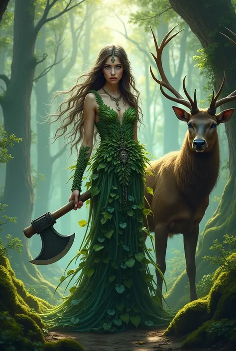 A beautiful woman in the forest with blue eyes dressed in plants with a beautiful deer and a large ax in hand guards with long beards