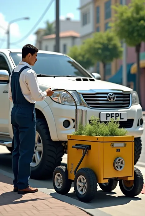 Make me an image in which a person is dressed in overalls, a white shirt and navy blue overalls in which he is servicing a white 4x4 sporty truck. , The service is with a small, yellow, industrial-colored square machine that is shaped like a cart and has t...