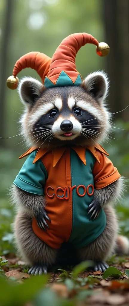 A photograph of a fluffy baby raccoon dressed as a court jester. The raccoon is wearing a jester hat and a costume with the letters "CAROO" embossed into it. The raccoons tongue is sticking out. The background is a lush green forest.