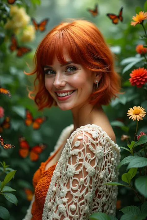 A Brazilian woman in a lush tropical garden, wearing a crochet coat, with a close-up capturing the beauty, showing off your natural charm and outgoing personality. She is redhead, short hair and bangs. There are lots of animals around and she is happy