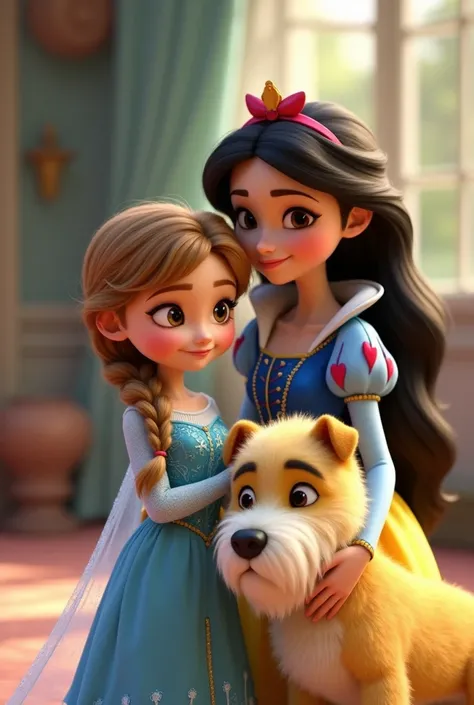 A   with a sweet face, hazelnut eyes, fair skin,  brown hair with golden highlights and bangs, dressed as Elsa, next to her mother, a beautiful white woman with long black hair and freckles, dressed as Snow White, and a light yellow fluffy dog with a Schna...