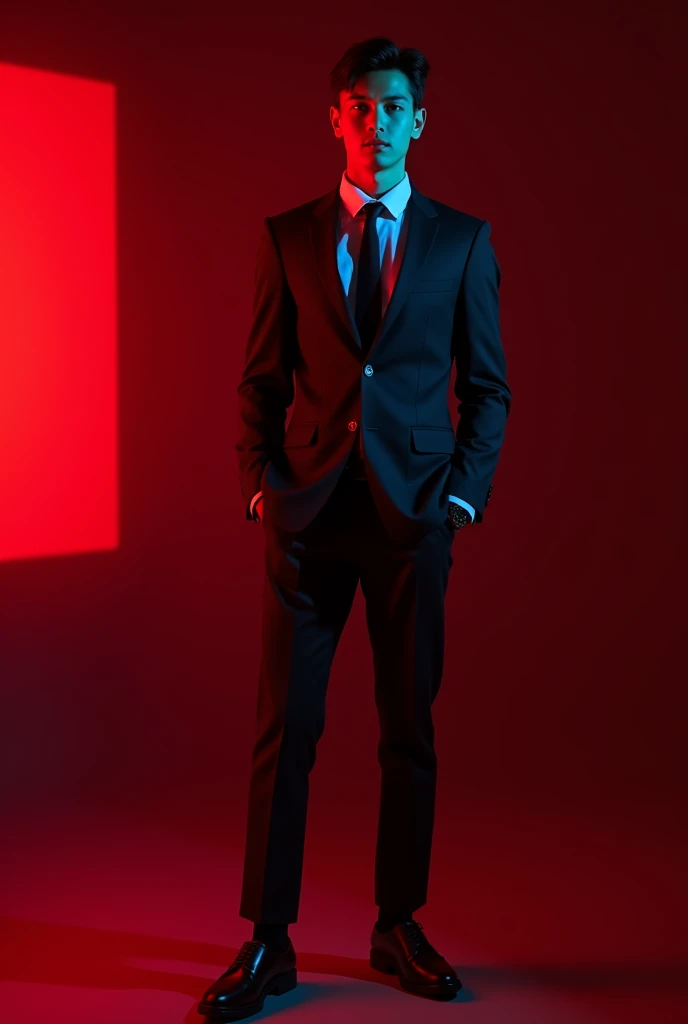 A 20 year boy stand with formal dress and suit Instagram red and black light in background