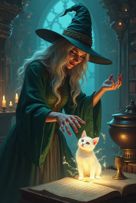 The witch turns the white kitten into a tiny worm – illustrate the magical transformation, capturing both beauty and cruelty.