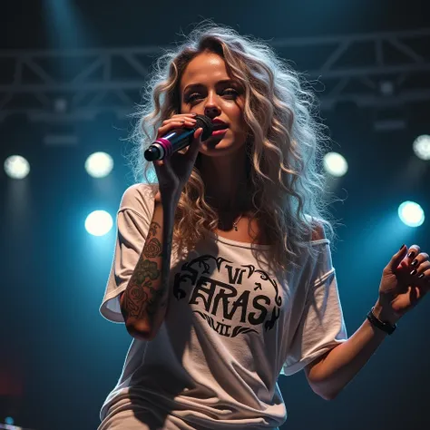 A beautiful woman with long curly silver hair, hazel eyes, light freckles, tattoos wearing an oversized off the shoulder graphic tee, singing into a microphone on a stage filled with flood lights 